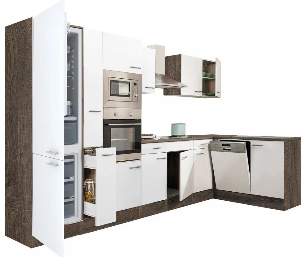 Mobilă de bucătărie de colț Yorki 370, corp din stejar Yorki, față alb satinat, frigider sub blat