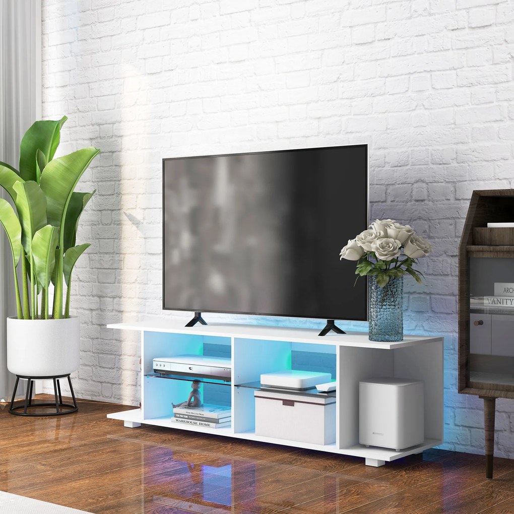 HOMCOM TV Stand, 145cm Modern TV Unit with Glass Shelves, RGB LED Light for 32 40 43 50 52 55 60 inch 4k TV, White | Aosom Romania