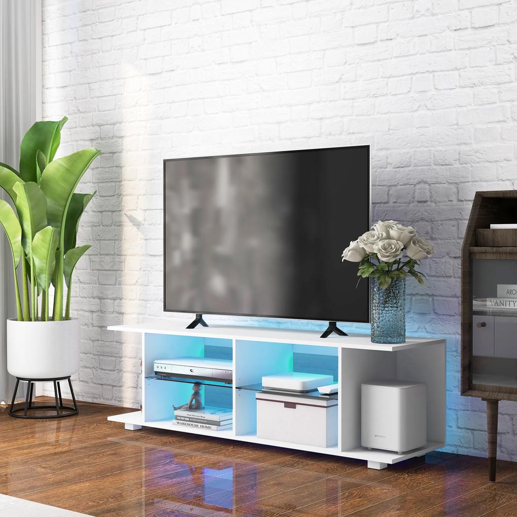 HOMCOM TV Stand, 145cm Modern TV Unit with Glass Shelves, RGB LED Light for 32 40 43 50 52 55 60 inch 4k TV, White