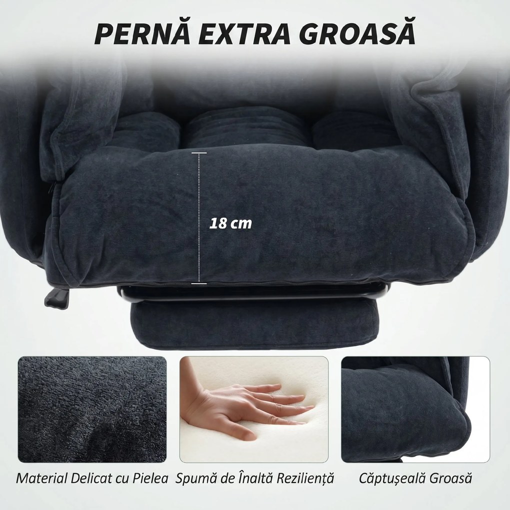 HOMCOM Scaun de Birou Directorial în Catifea cu Suport pentru Picioare și Spumă de Înaltă Reziliență, Fotoliu de Birou Reclinabil cu Spătar Înalt, Brațe Îmbunătățite, Înălțime Reglabilă și Roți, Negru | Aosom Romania