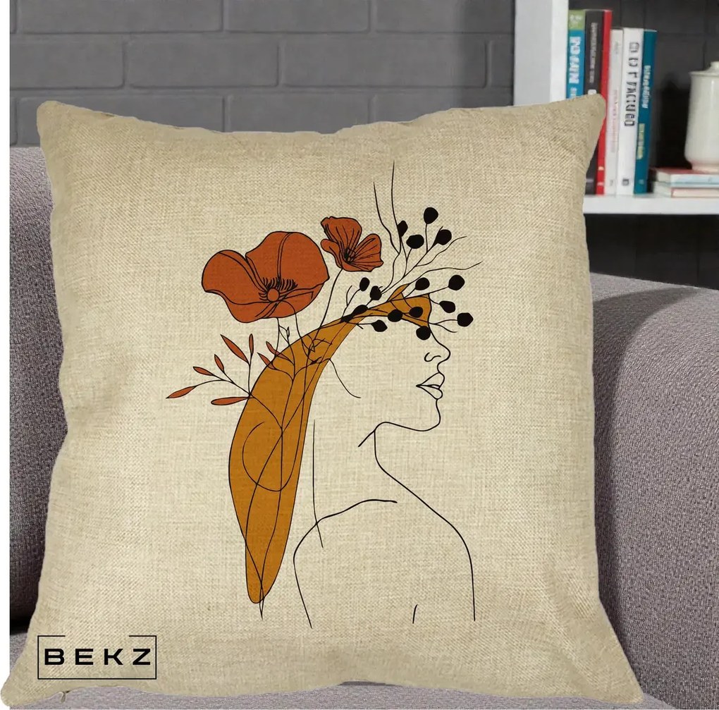 Perna Decorativa Portret Feminin Maci Rosii Auriu, 40x40 cm, Crem, Husa Detasabila, Perna Inclusa, BEKZ®