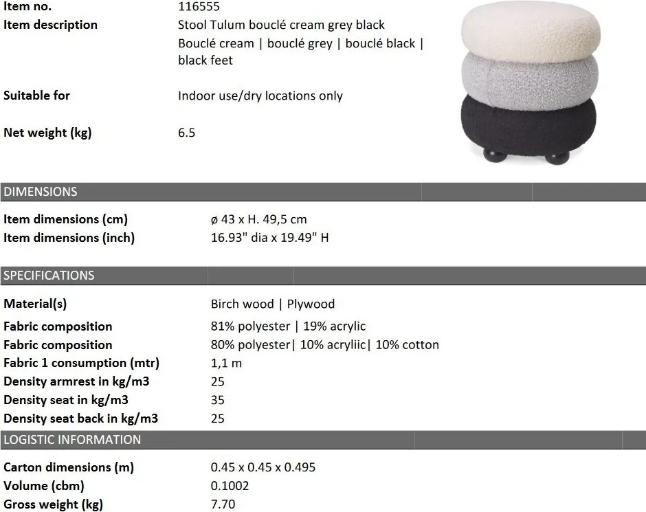 Taburete elegant design LUX Tulum, Boucle cream/ grey/ black