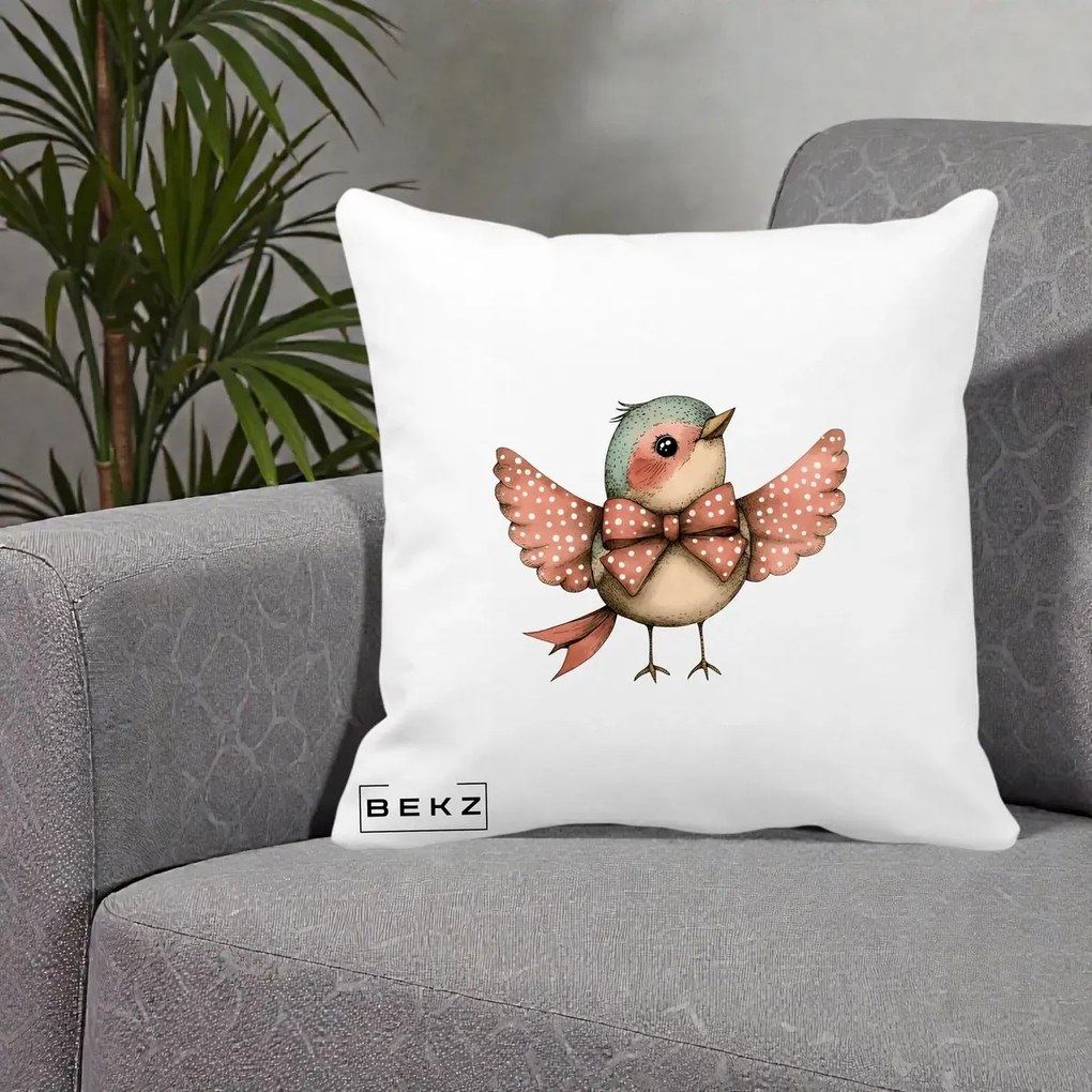 Perna Decorativa Pasare Roz cu Aripi si Fundita, 40x40 cm, Alba Mata, Husa Detasabila, Perna Inclusa, BEKZ®