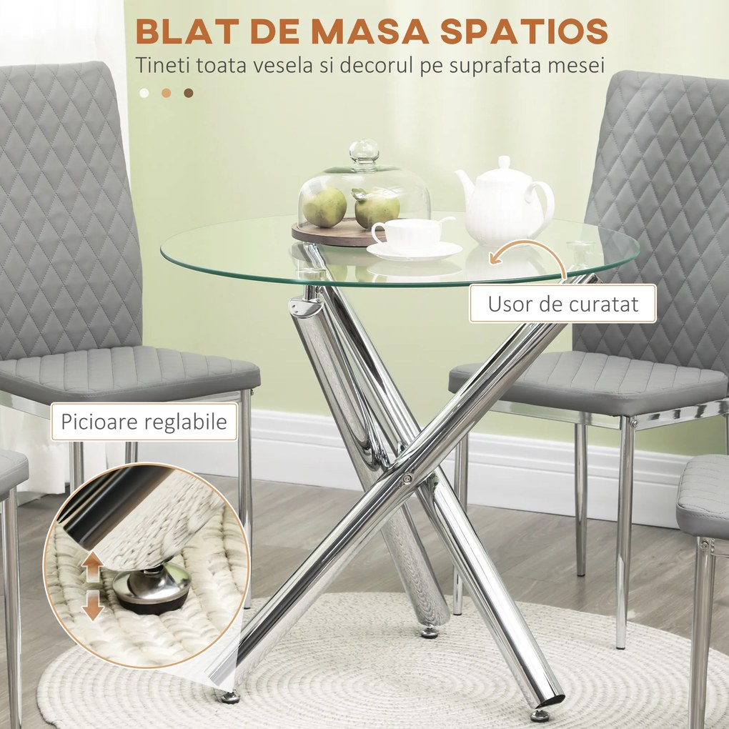 HOMCOM Set Mobilier Modern pentru Sufragerie, Masă Rotundă din Sticlă și 4 Scaune Elegante, Design Contemporan | Aosom Romania