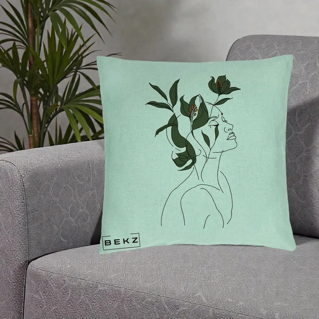 Perna Decorativa Portret Feminin Crin Verde, 40x40 cm, Verde Menta, Husa Detasabila, Perna Inclusa, BEKZ®