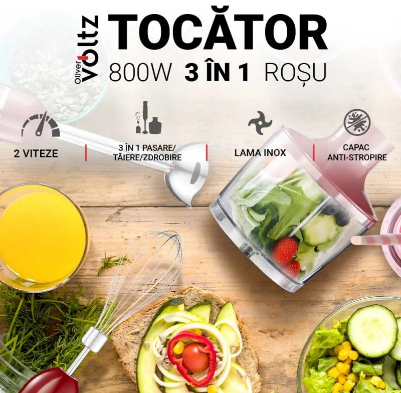 Set blender, tocator si mixer 3 in 1 Oliver Voltz OV51112KSC, 800W, Otel, 2 viteze, Turbo, Rosu