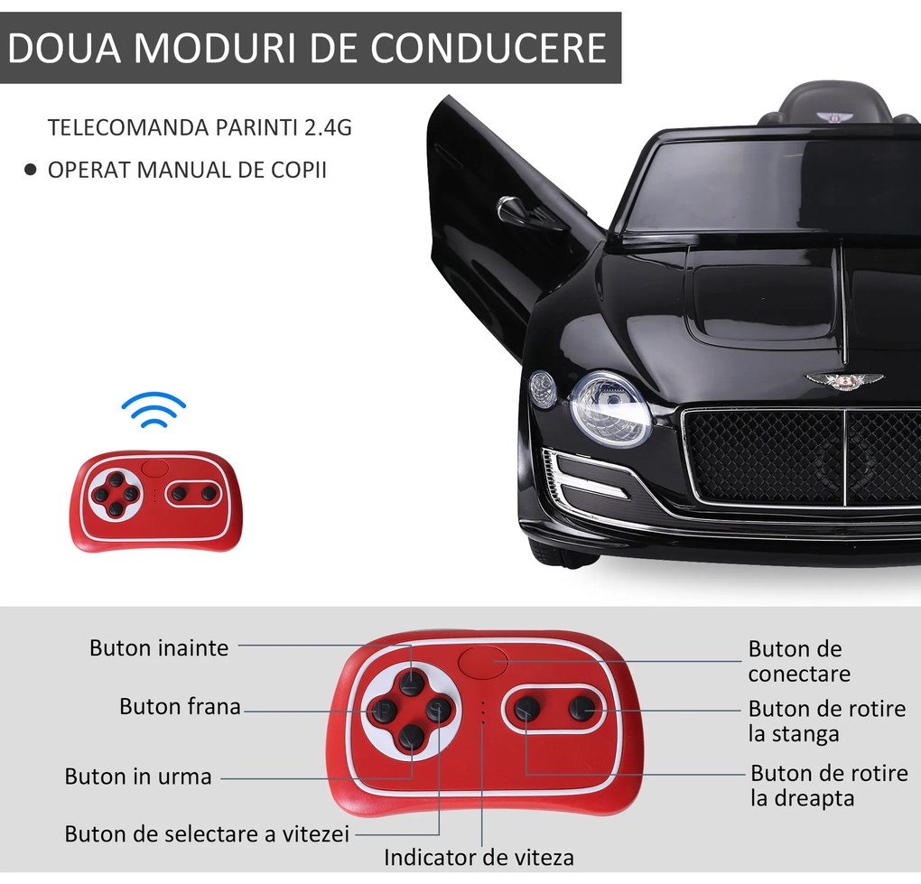 HOMCOM Mașină Electrică pentru Copii cu 2 Portiere, Bentley, Conducere manuală sau cu Telecomandă 108x60x43 cm, Negru | Aosom Romania