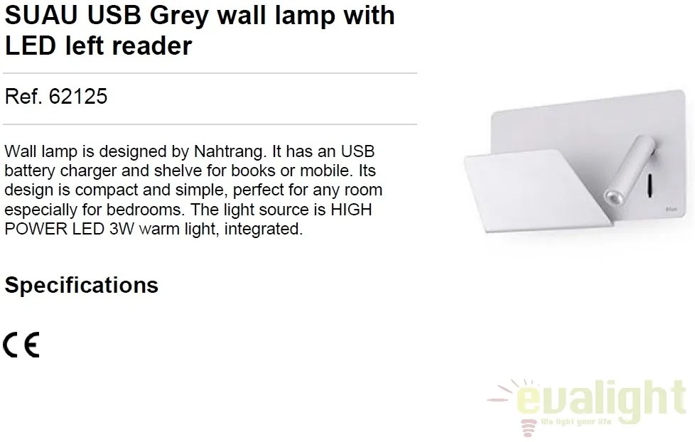 Aplica de perete / Lampa cu reader LED SUAU USB gri dormitor stanga 62125