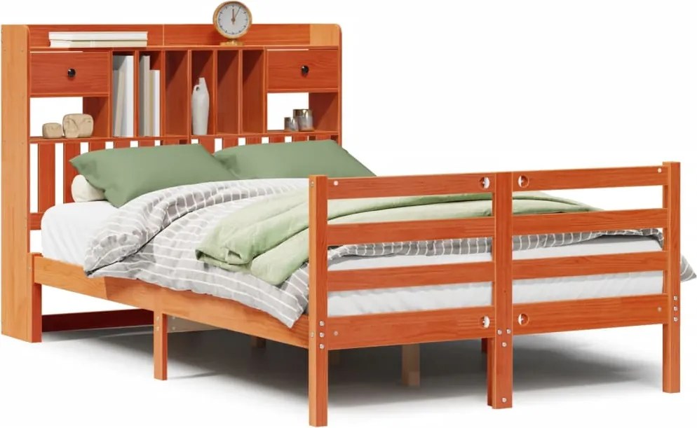 vidaXL Pat cu bibliotecă fără saltea maro 135x190 cm lemn masiv de pin