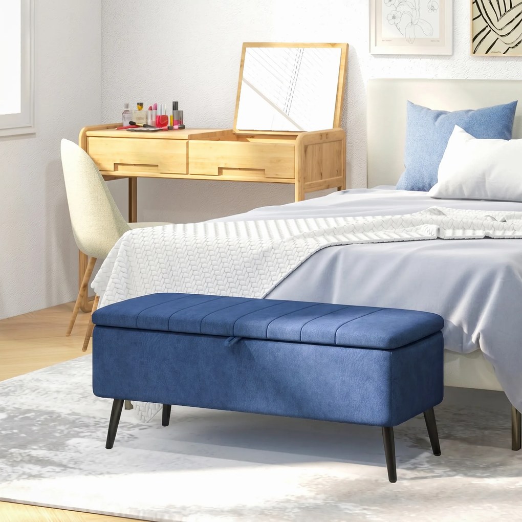HOMCOM Bancă de depozitare 40", tapițată din material textil cu picioare din oțel pentru Living sau Dormitor, Albastru Închis | Aosom Romania