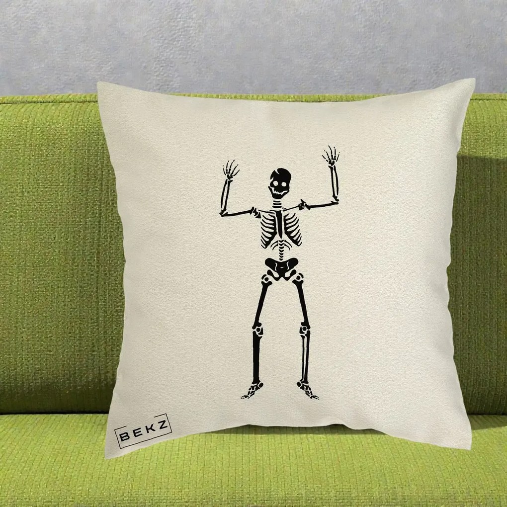 Perna Decorativa Halloween Schelet Dansator, 40x40 cm, Ecru, Husa Detasabila, Perna Inclusa, BEKZ®