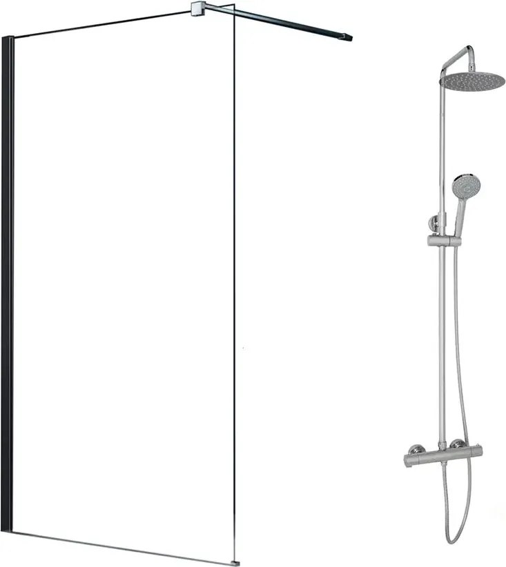 Pachet paravan dus Walk-In Fluminia Black crom 100x200 cm si coloana de dus OMNIRES Y crom