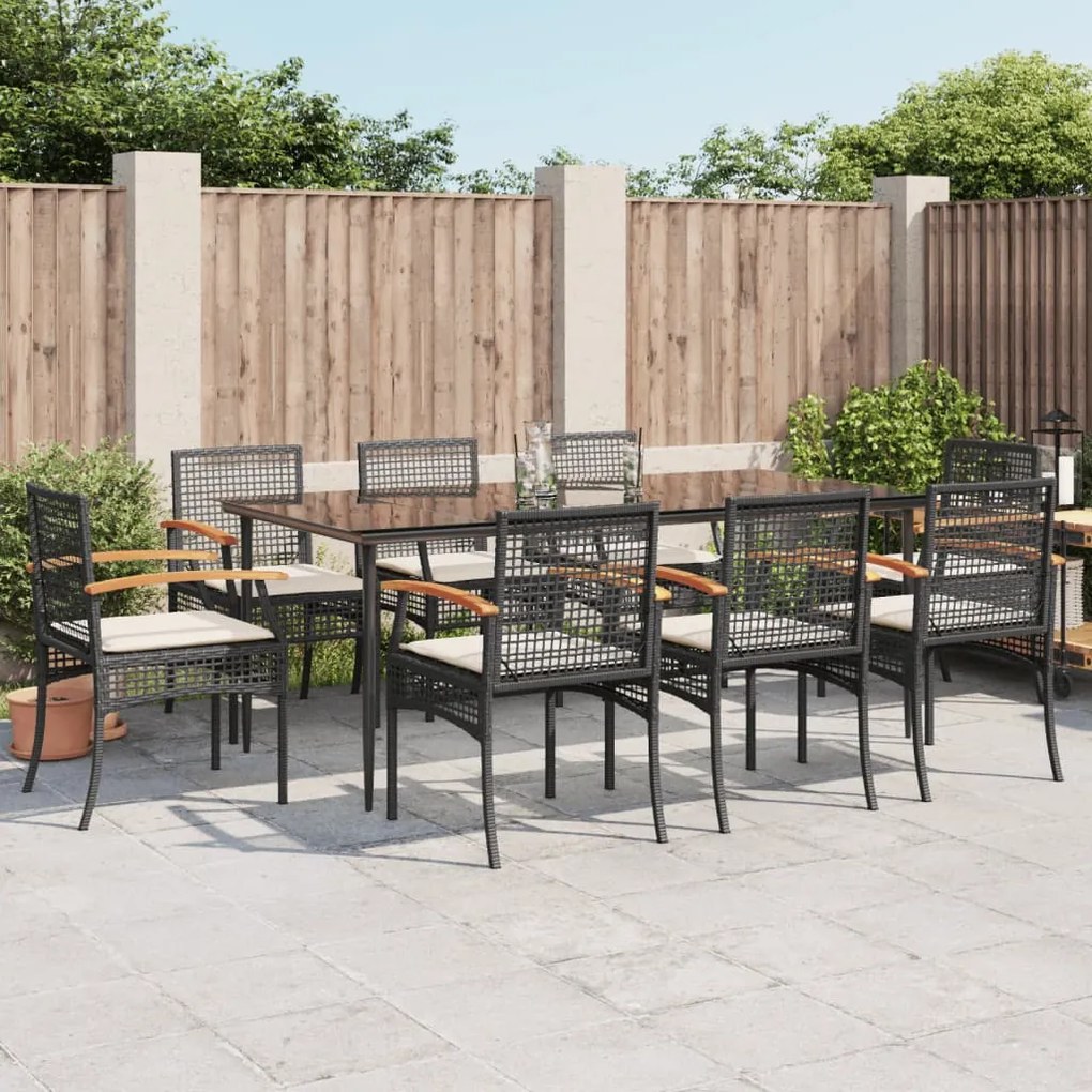 vidaXL Set mobilier de grădină cu perne, 9 piese, negru, poliratan