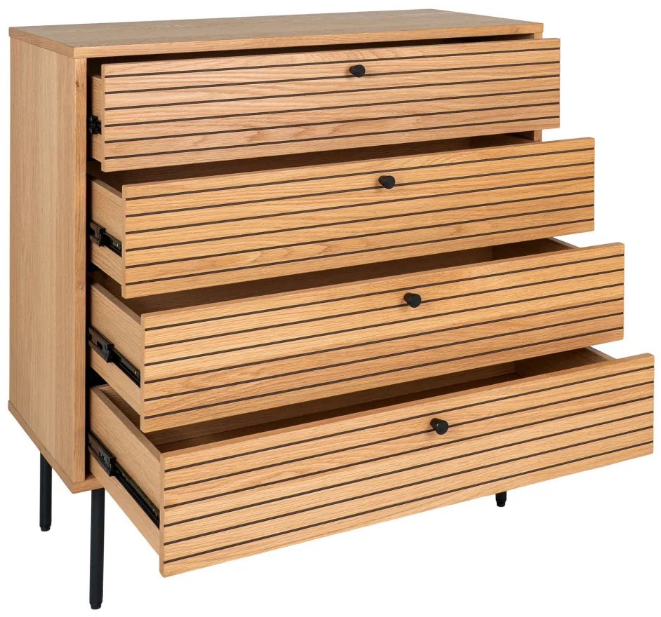 Comodă Kyoto, 4 sertare, furnir de stejar, natural, picioare din metal negru 80x40x85 cm