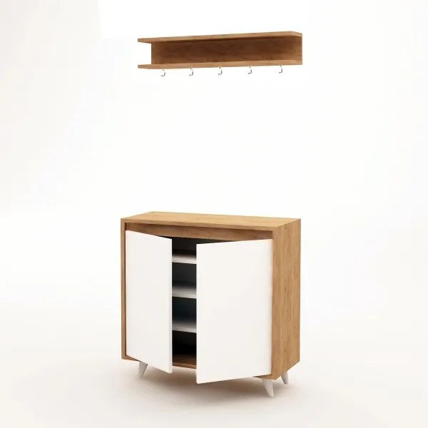 Pantofar OBSOYO 100x80 cm + cuier de perete 15x80 cm maro/alb