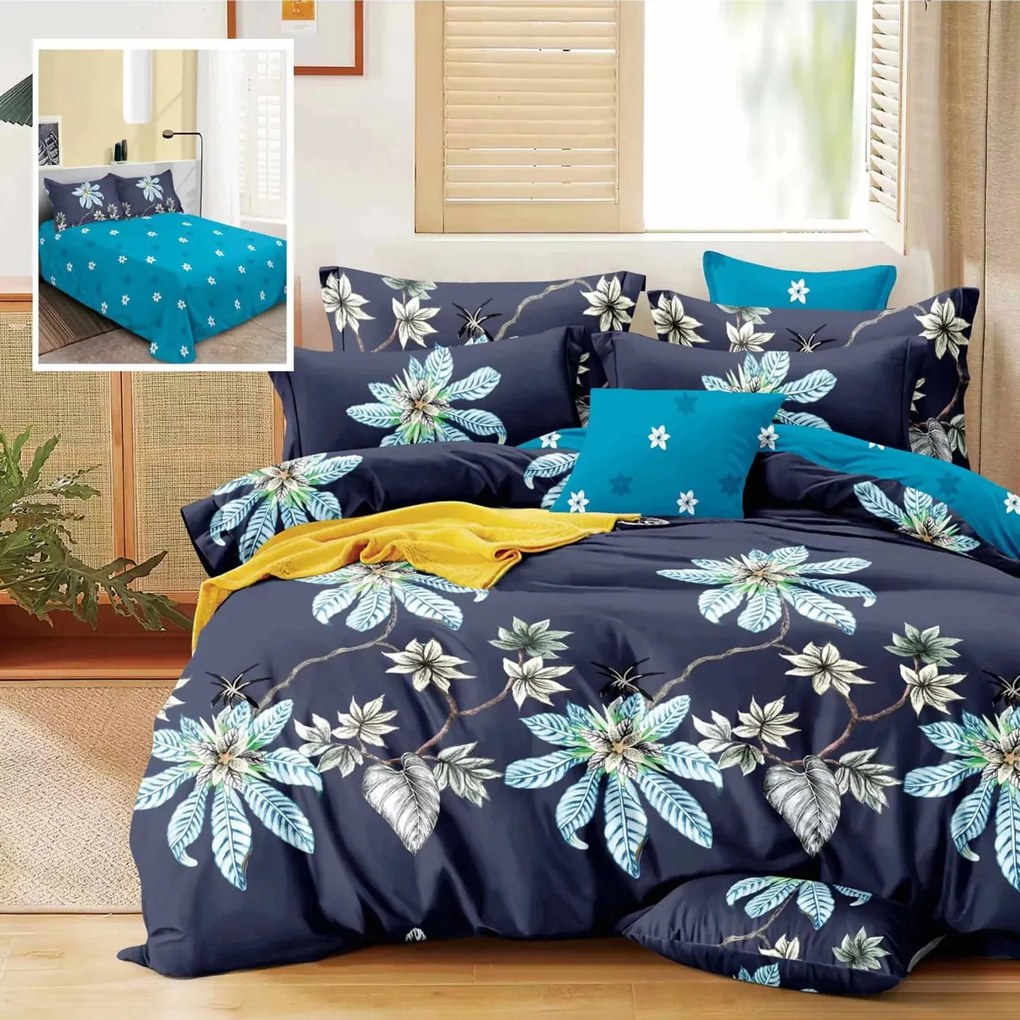 Lenjerie de pat finet 6 piese, cearceaf pat clasic, cearceaf pilota 200x230, 2 fete perna 50x70, 2 fete perna 70x70, Extra, Model Blue floral