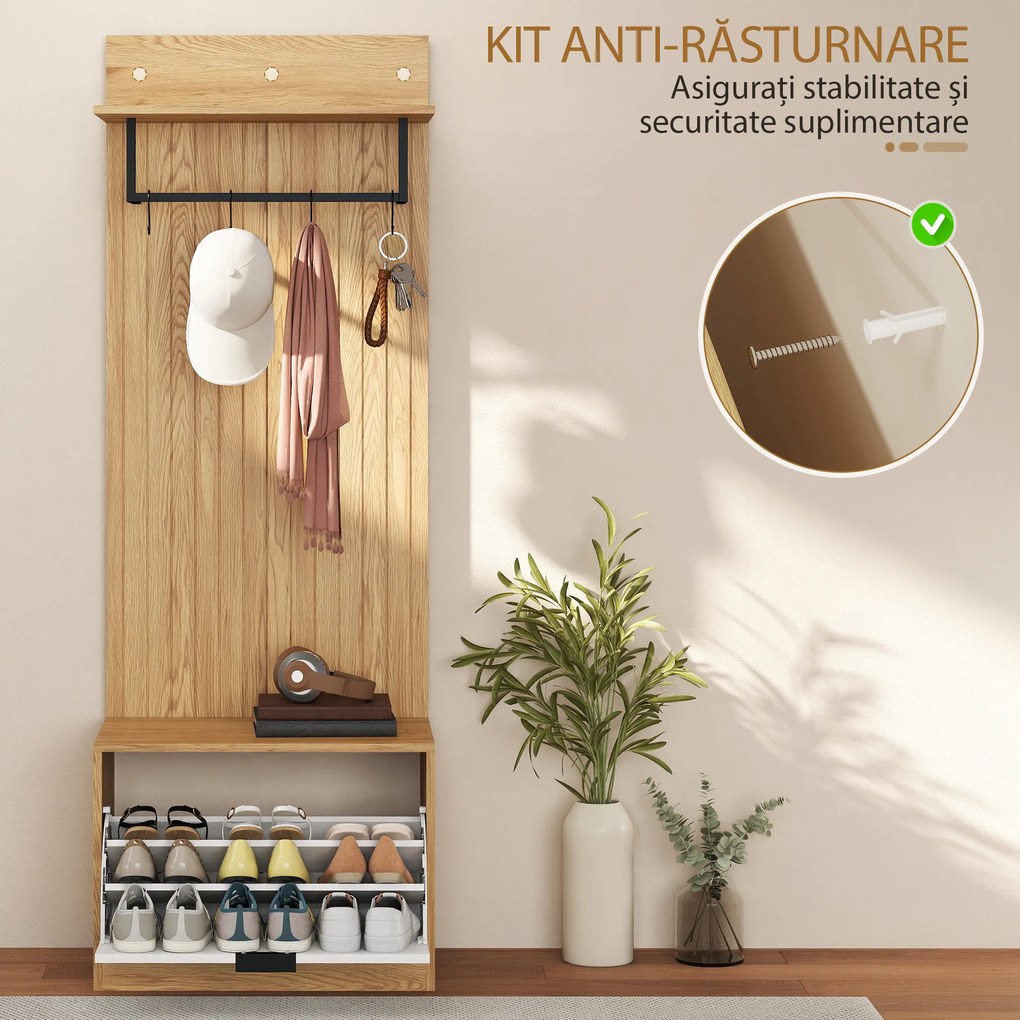 HOMCOM Cuier de Hol cu Pantofar Rabatabil, Cuier cu Bancă, 4 Cârlige și Rafturi pentru Pantofi, Organizator Modern pentru Hol și Coridor, Stejar și Alb | Aosom Romania