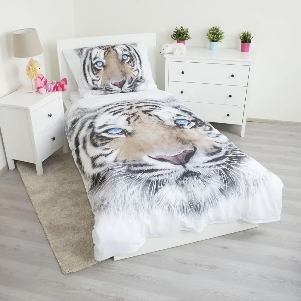 Lenjerie de pat pentru copii albă-gri din bumbac pentru pat de o persoană 140x200 cm White Tiger – Jerry Fabrics