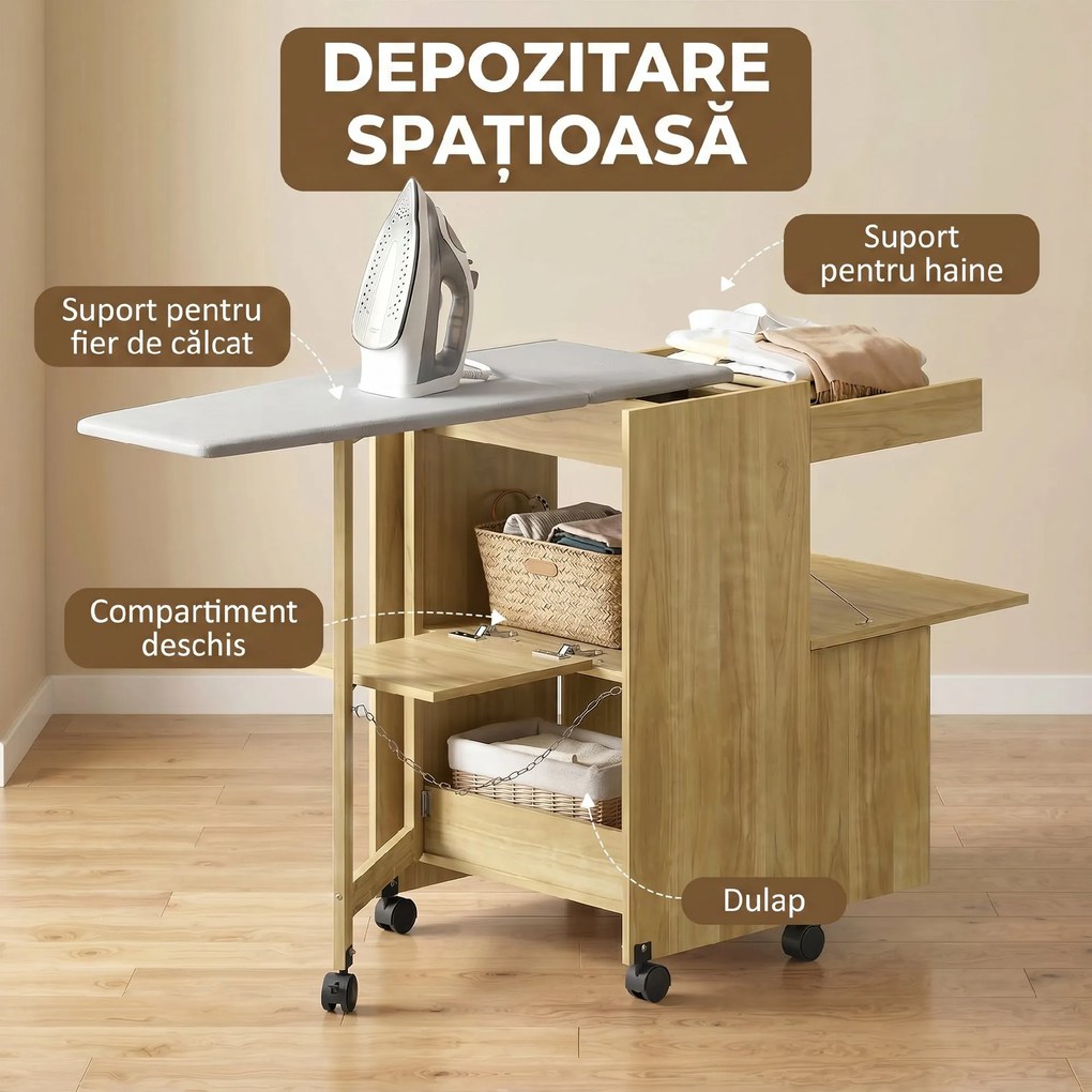 HOMCOM Dulap Masă de Călcat Rabatabilă cu Roți și Suport pentru Fier de Călcat, Dulap Multifuncțional cu Rafturi, Compartiment Deschis, pentru Spălătorie, Baie, 154x55x87 cm, Lemn Natural | Aosom Romania