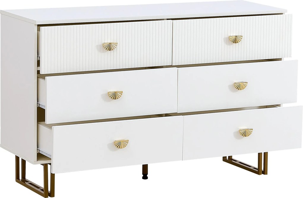 Comodă modernă cu 6 sertare, mânere tip evantai și picioare din oțel, mult spațiu de depozitare, 120x40x75 cm, Alb