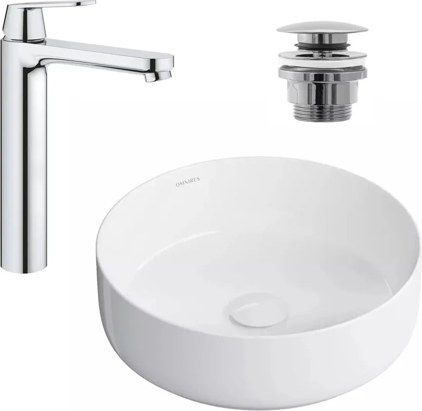Pachet lavoar pe blat Omnires Tulsa alb 36 cm, baterie lavoar Grohe Eurosmart Cosmopolitan XL crom si ventil lavoar Click-Clack crom