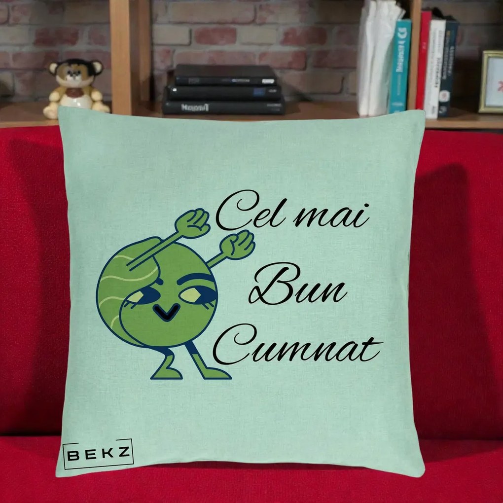 Cadou pentru Cumnat - Perna Personalizata Cel mai Bun Cumnat cu Personaj Funny Verde, 40x40 cm, Verde Menta, Husa Detasabila, Perna Inclusa, BEKZ®