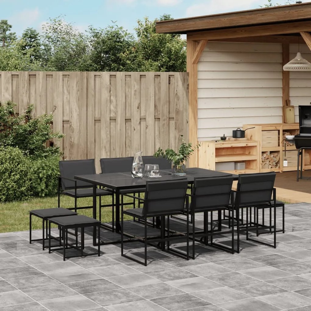 vidaXL Set mobilier de grădină, 11 piese, cu perne, negru, textilenă