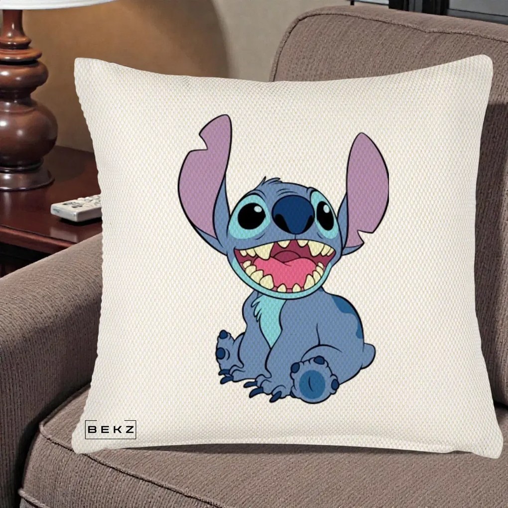 Perna Personalizata Stitch Zambitor, 40x40 cm, Crem Reliefat, Husa Detasabila, Perna Inclusa, BEKZ®