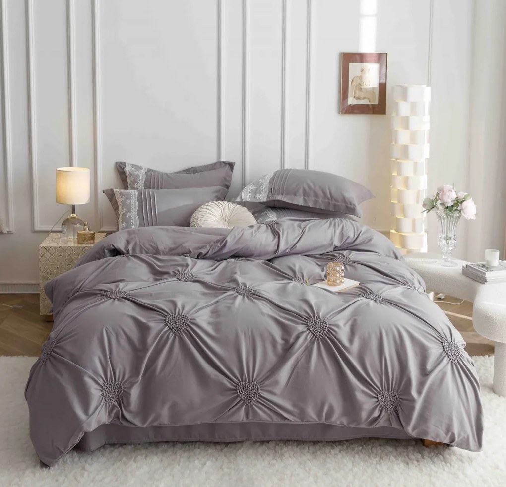 Lenjerie pat dublu, Inimi Brodate, 6 Piese, Finet Premium - Gri