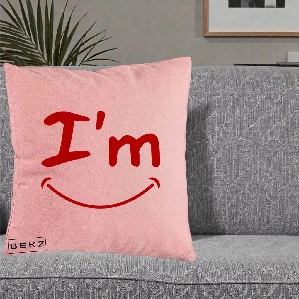 Perna Decorativa I'm Happy Smile, 40x40 cm, Roz, Husa Detasabila, Perna Inclusa, BEKZ®
