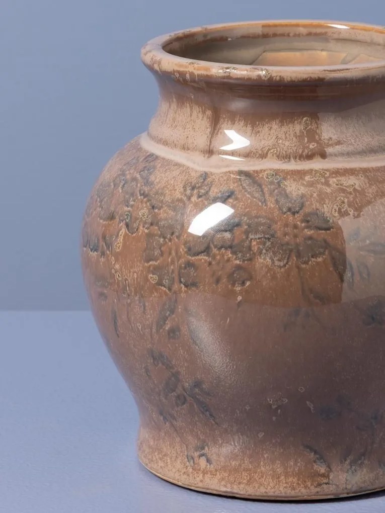 Vază din ceramică artizanală roz cu decor botanic, finisaj lucios, 16×16 cm, „Rosaire"