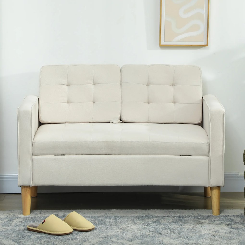 HOMCOM Canapea cu două locuri cu spațiu de depozitare, capitonare cu nasturi, perne, lemn de cauciuc, 117x62x78cm, alb crem | Aosom Romania