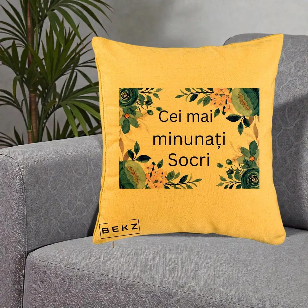 Cadou pentru Socri - Perna Personalizata Cei mai Minunati Socri cu Flori Albastre si Roz, 40x40 cm, Galben, Husa Detasabila, Perna Inclusa, BEKZ®