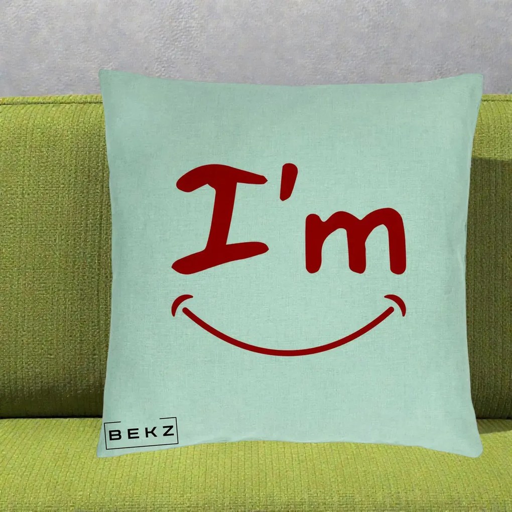 Perna Decorativa I'm Happy Smile, 40x40 cm, Verde Menta, Husa Detasabila, Perna Inclusa, BEKZ®