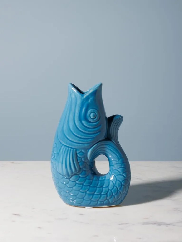 Vaza albastra, din ceramica, forma de peste, H20cm Stone