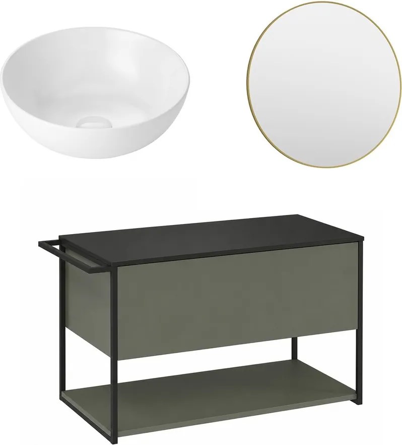 Set dulap baza suspendat Krofam Lov verde-negru 80 cm blat negru cu lavoar 39 cm si oglinda