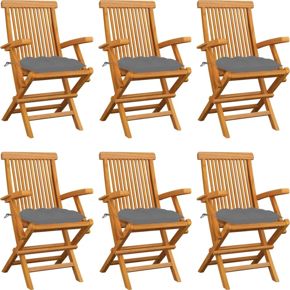 vidaXL Scaune de grădină cu perne, 6 buc., gri, lemn masiv de tec