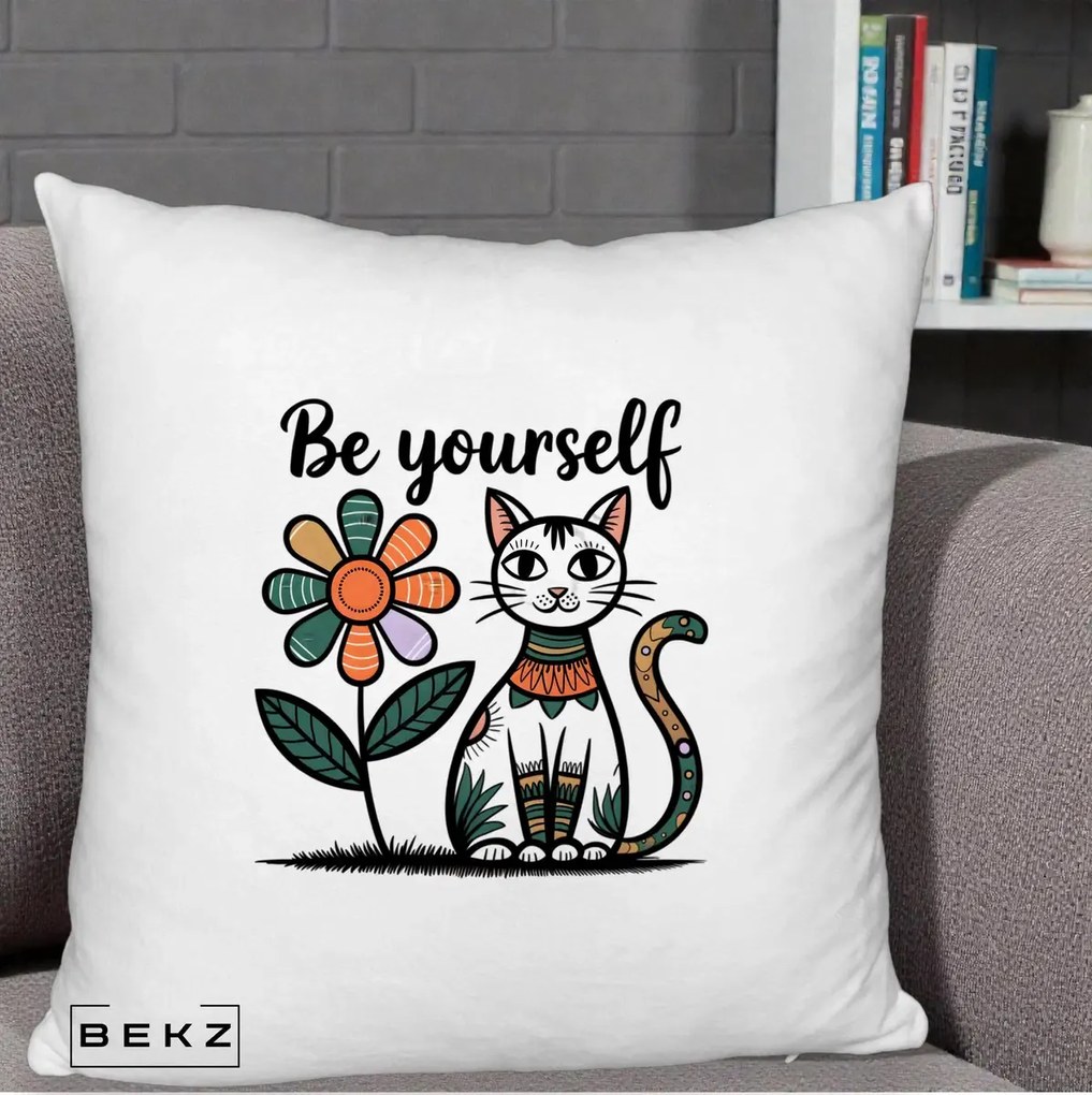 Perna Personalizata Be Yourself Pisica Folk, 40x40 cm, Alb Pufos, Husa Detasabila, Perna Inclusa, BEKZ®