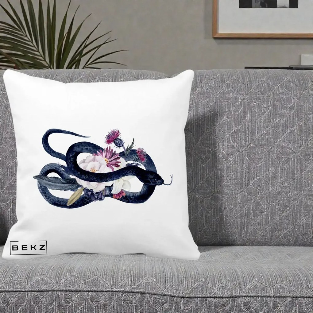 Perna Decorativa Sarpe Negru cu Flori Gothic, 40x40 cm, Alba Mata, Husa Detasabila, Perna Inclusa, BEKZ®