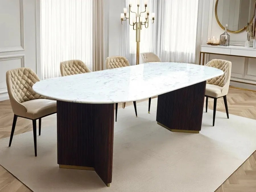 Masa ovala GATSBY 240cm lemn de mango, blat marmura alba