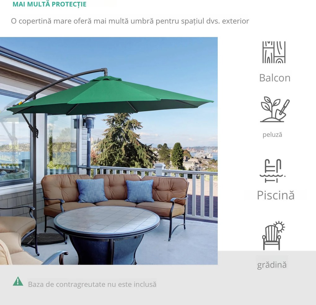 Outsunny Umbrelă Laterală din Metal, Verde, 3m, Protecție UV, Ideală pentru Grădină și Terasă | Aosom Romania