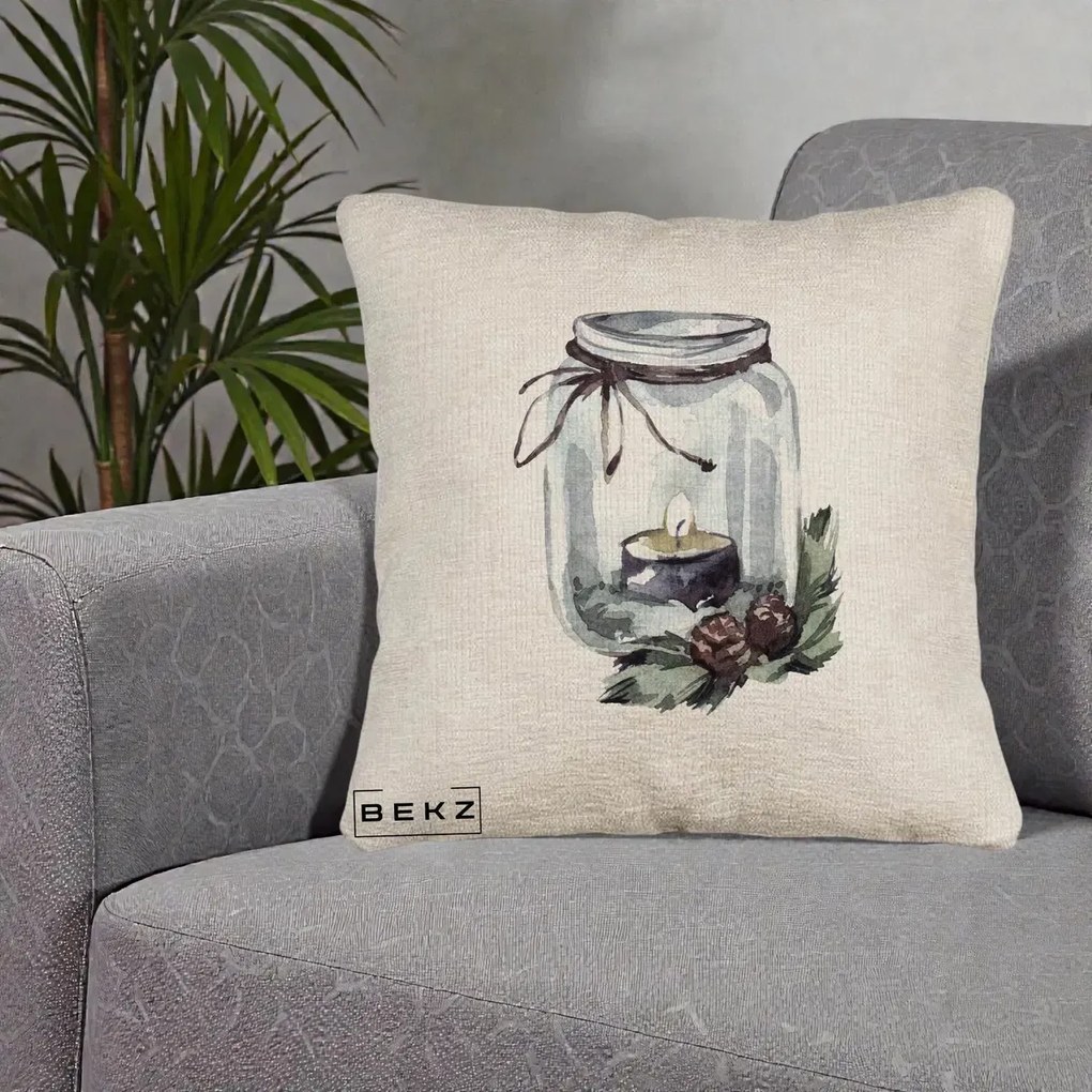 Perna Decorativa Felinar cu Lumanare si Conuri, 40x40 cm, Bej Canapea, Husa Detasabila, Perna Inclusa, BEKZ®