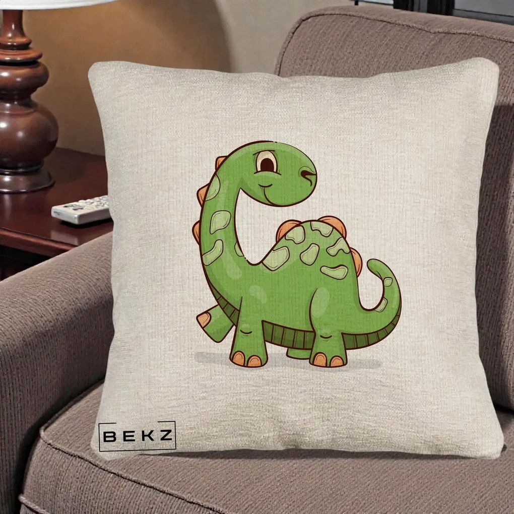 Perna Decorativa Brontosaur Verde Simpatic, 40x40 cm, Bej Canapea, Husa Detasabila, Perna Inclusa, BEKZ®
