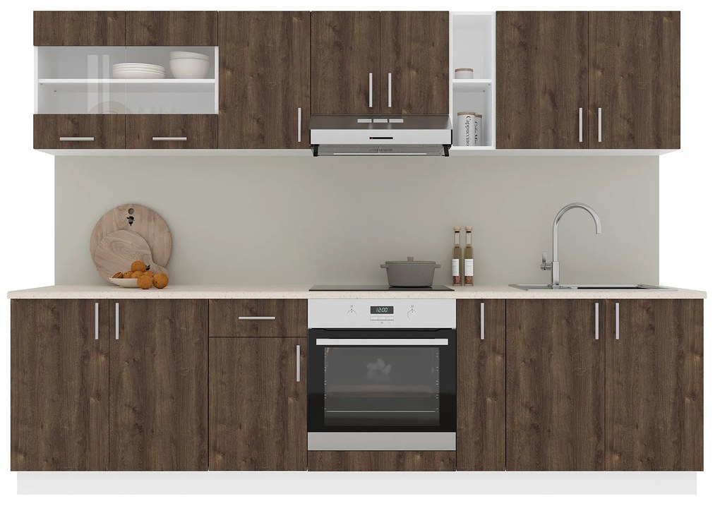 Set Bucatarie Karo V21, Stejar Bronz/Alb, Blat Thermo 28 mm, L 280 cm