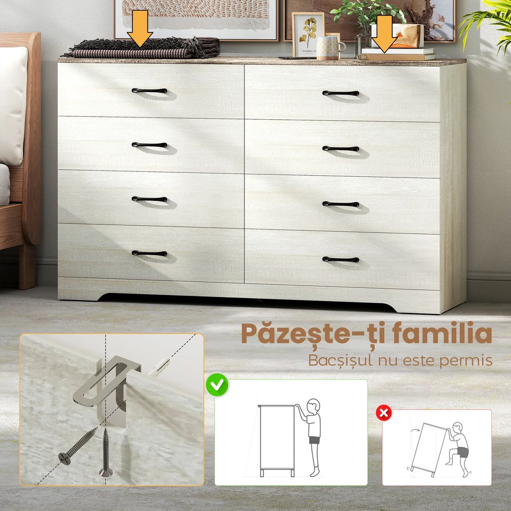 HOMCOM Comodă cu 8 Sertare pentru Dormitor, Modernă, cu Mânere, Spațioasă pentru Sufragerie, Cameră și Hol, 140x40x86 cm, Nuc și Gri Deschis | Aosom Romania