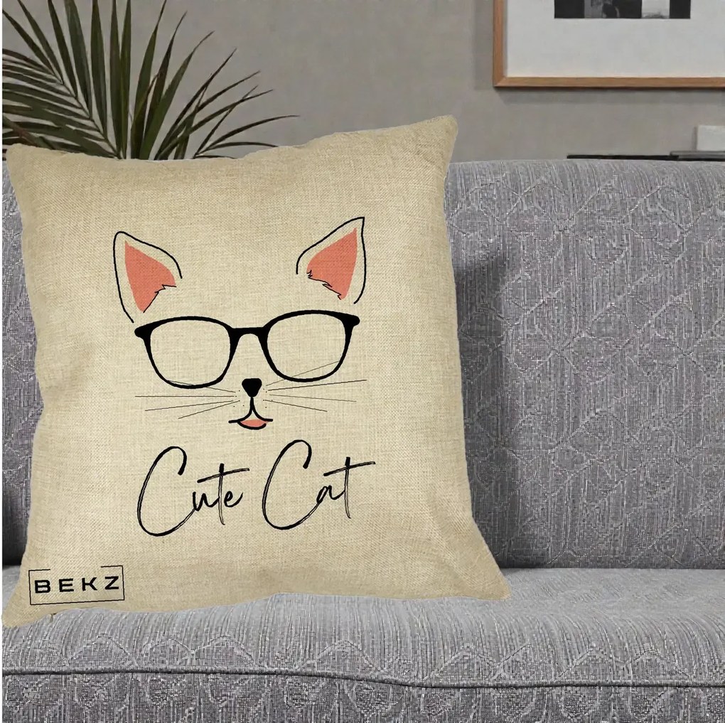 Perna Personalizata Cute Cat cu Ochelari, 40x40 cm, Crem, Husa Detasabila, Perna Inclusa, BEKZ®