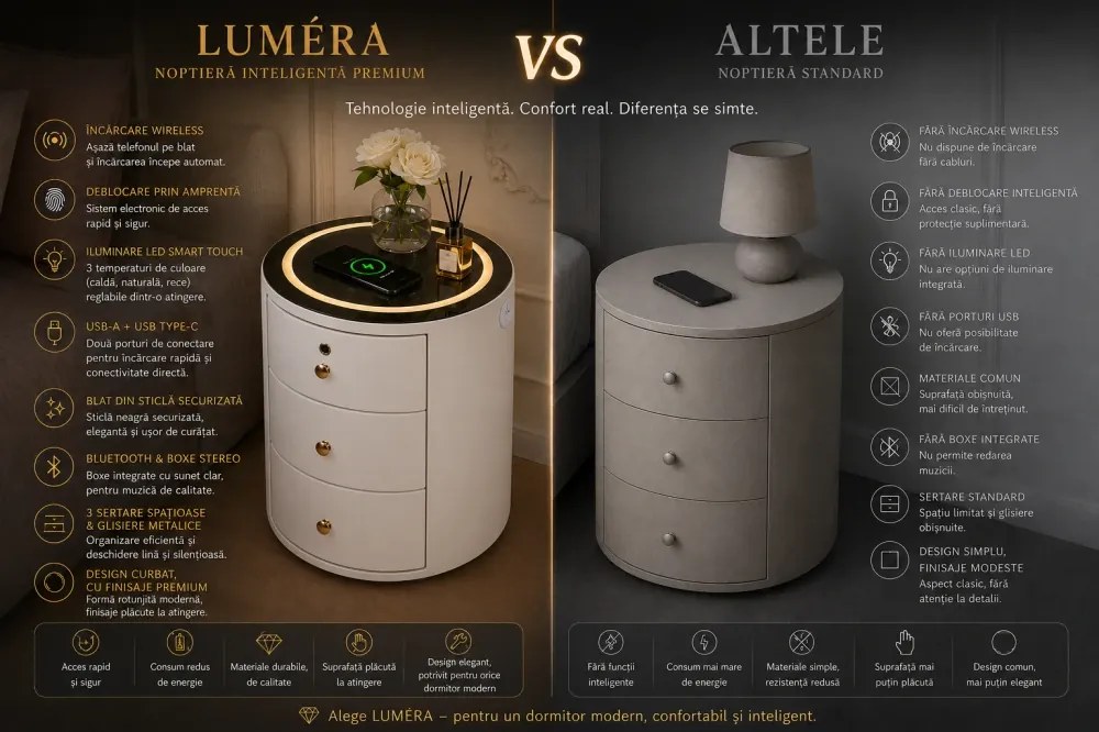 LUMÉRA – Noptieră Inteligentă cu Deblocare prin Amprentă, Încărcare Wireless, Iluminare LED în 3 Culori, USB + Type-C, Blat din Sticlă Securizată, 3 Sertare, Alb