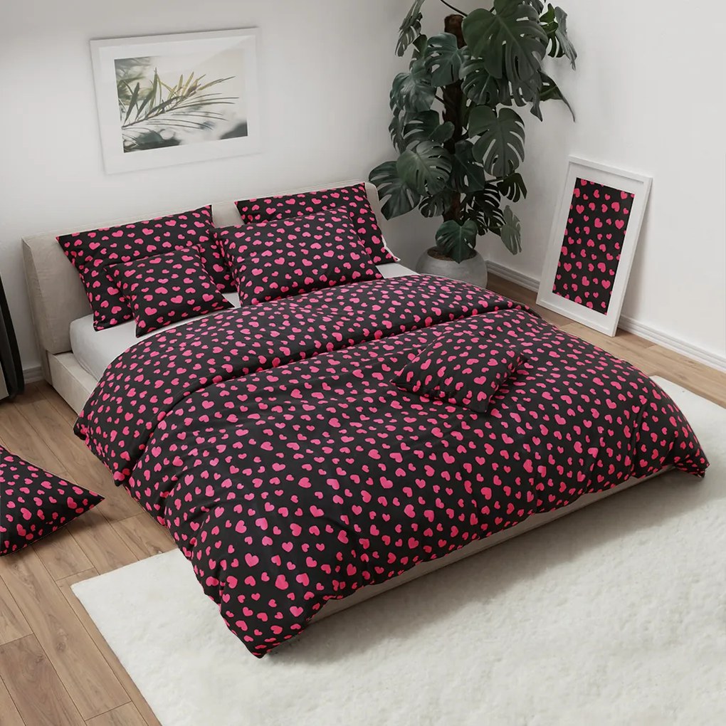 Lenjerie de pat microplus PINK HEARTS neagra Dimensiune lenjerie de pat: 70 x 90 cm | 140 x 200 cm