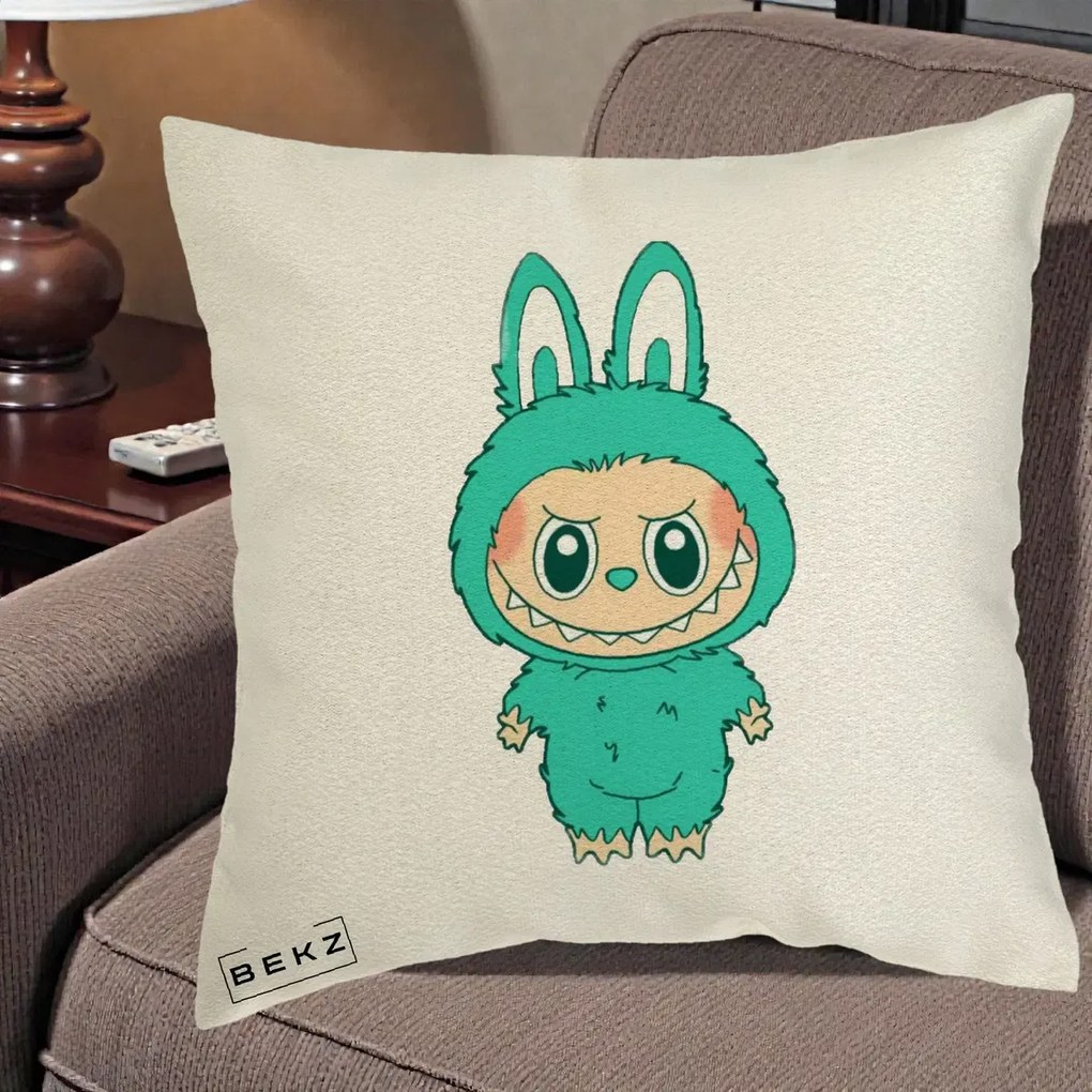 Perna Personalizata Labubu Turcoaz, 40x40 cm, Ecru, Husa Detasabila, Perna Inclusa, BEKZ®