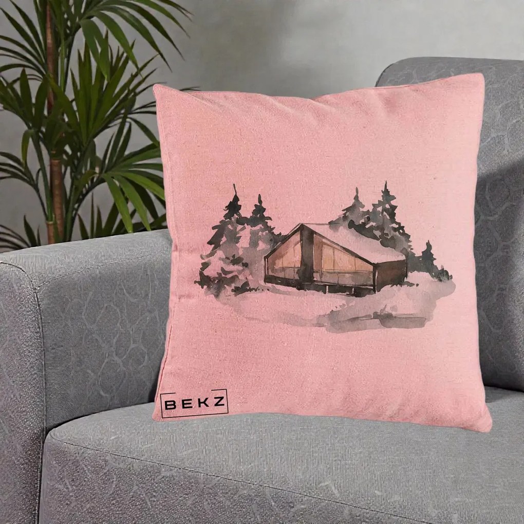 Perna Decorativa Cabana de Iarna in Padure, 40x40 cm, Roz, Husa Detasabila, Perna Inclusa, BEKZ®